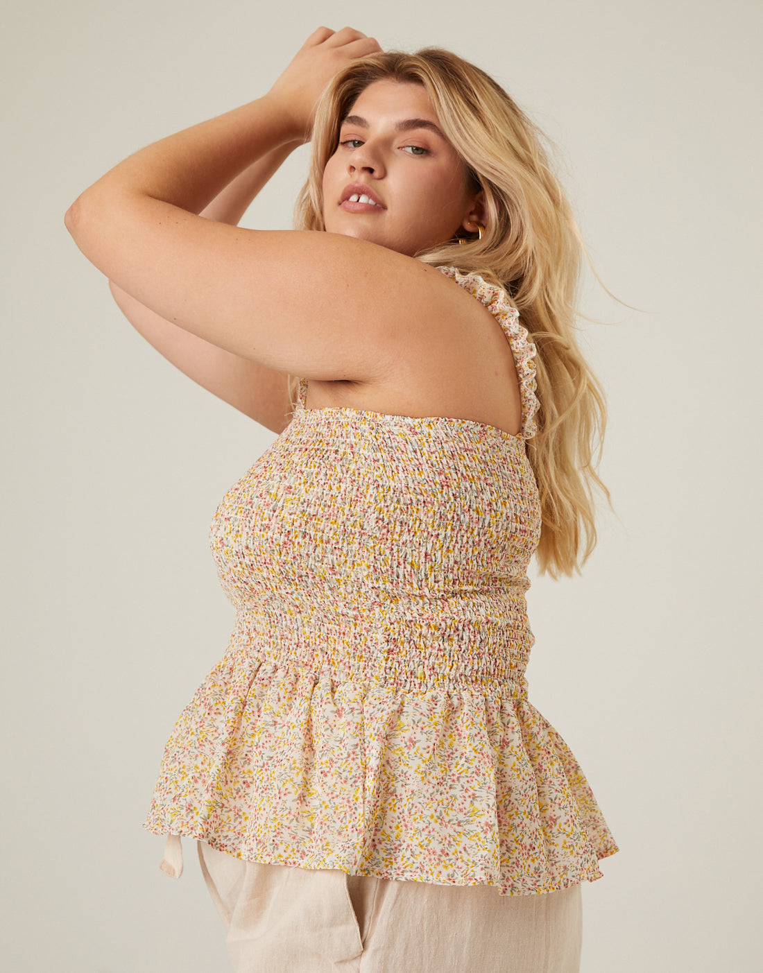 Curve Smocked Ruffle Floral Tank Plus Size Tops -2020AVE