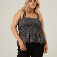 Curve Smocked Ruffle Floral Tank Plus Size Tops Black 1XL -2020AVE