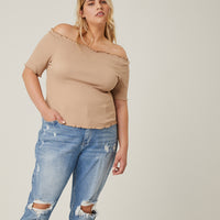 Curve Smocked Short Sleeve Top Plus Size Tops Tan 1XL -2020AVE