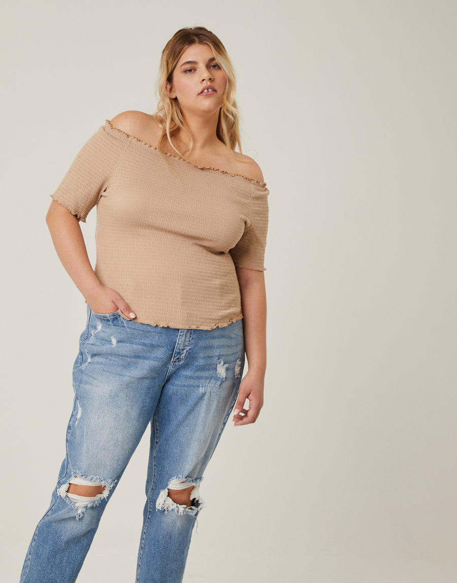 Curve Smocked Short Sleeve Top Plus Size Tops Tan 1XL -2020AVE