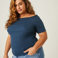 Curve Smocked Short Sleeve Top Plus Size Tops Navy 1XL -2020AVE