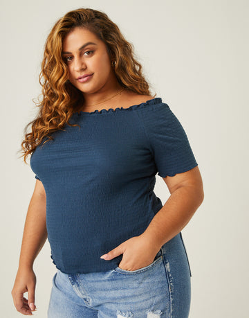 Curve Smocked Short Sleeve Top Plus Size Tops Navy 1XL -2020AVE