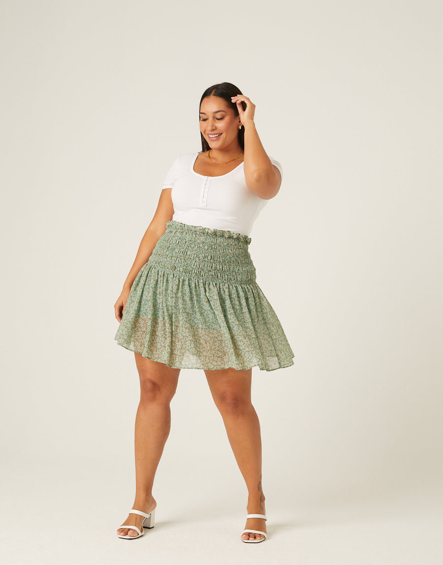 Curve Smocked Waist Floral Skirt Plus Size Bottoms -2020AVE