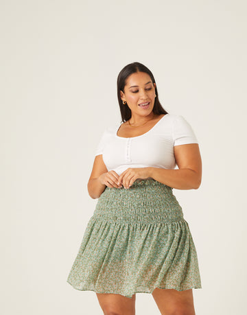 Curve Smocked Waist Floral Skirt Plus Size Bottoms Green 1XL -2020AVE
