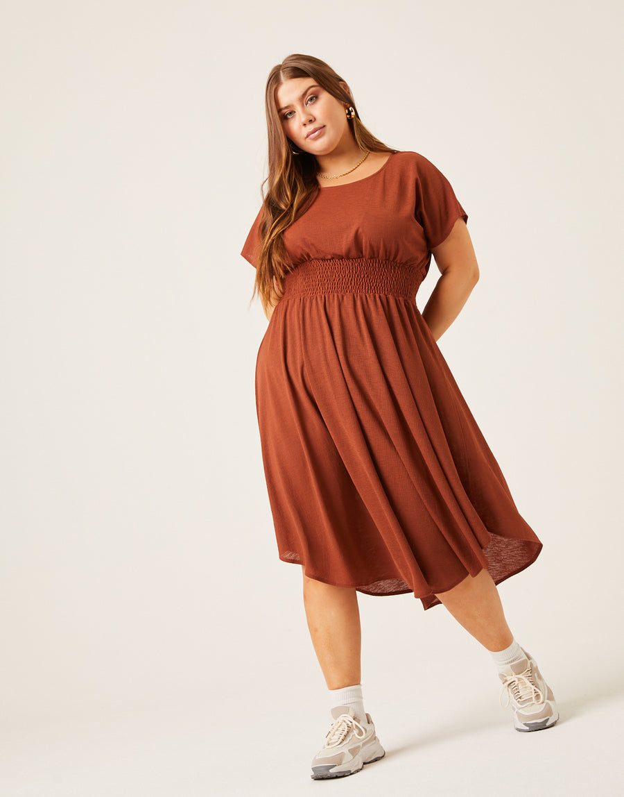Curve Smocked Waist Simple Dress Plus Size Dresses Rust 1XL -2020AVE