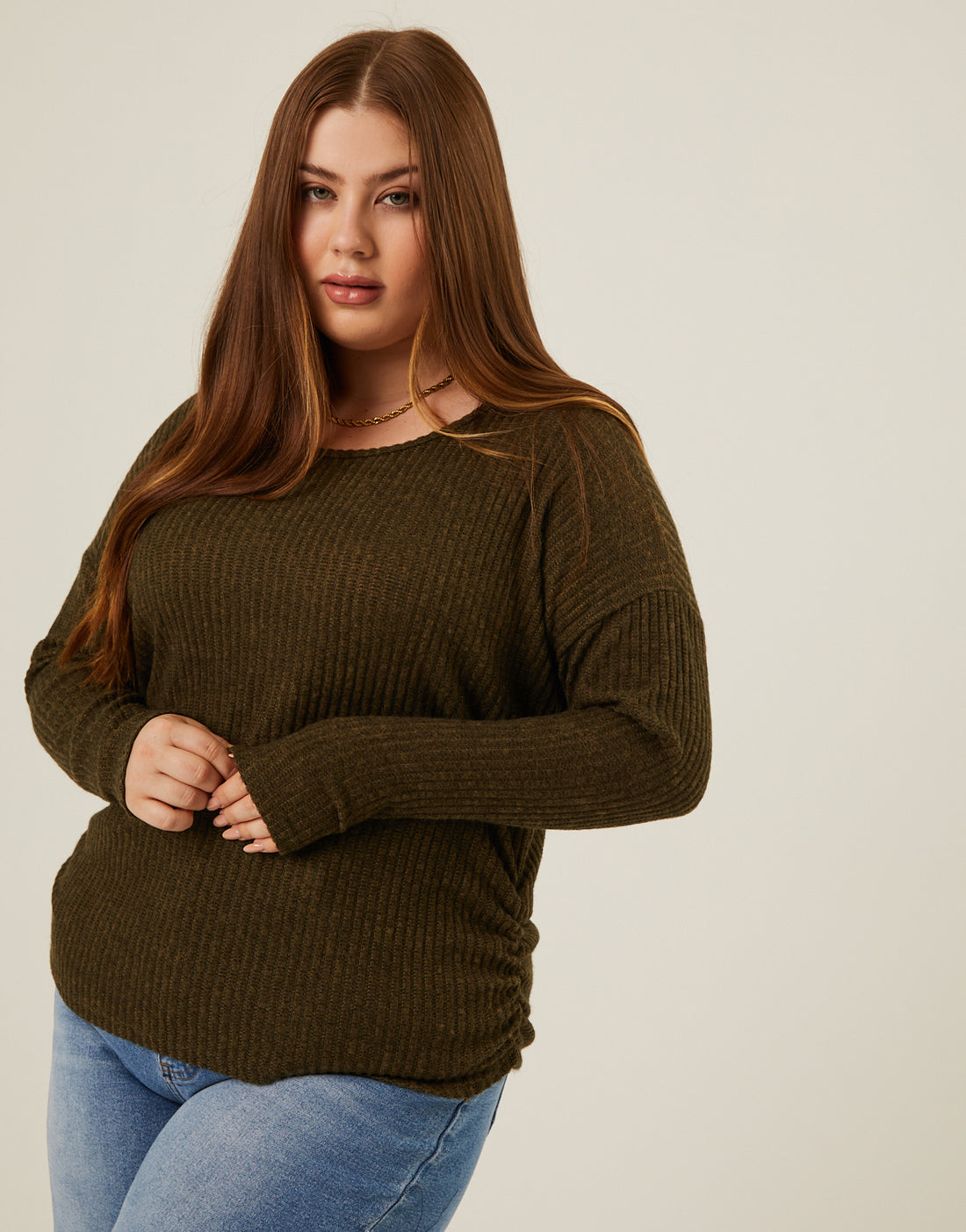 Curve Soft Ribbed Long Sleeve Tee Plus Size Tops Olive 1XL -2020AVE