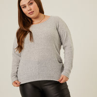 Curve Soft Ribbed Long Sleeve Tee Plus Size Tops Light Gray 1XL -2020AVE