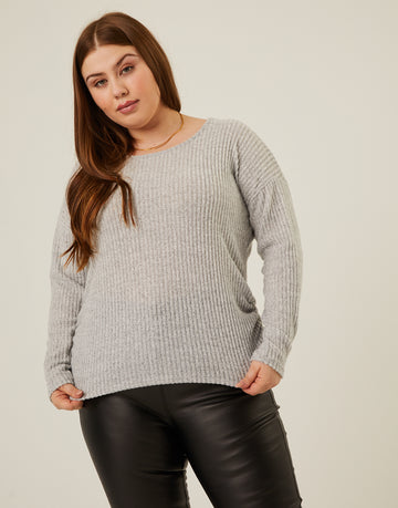 Curve Soft Ribbed Long Sleeve Tee Plus Size Tops Light Gray 1XL -2020AVE