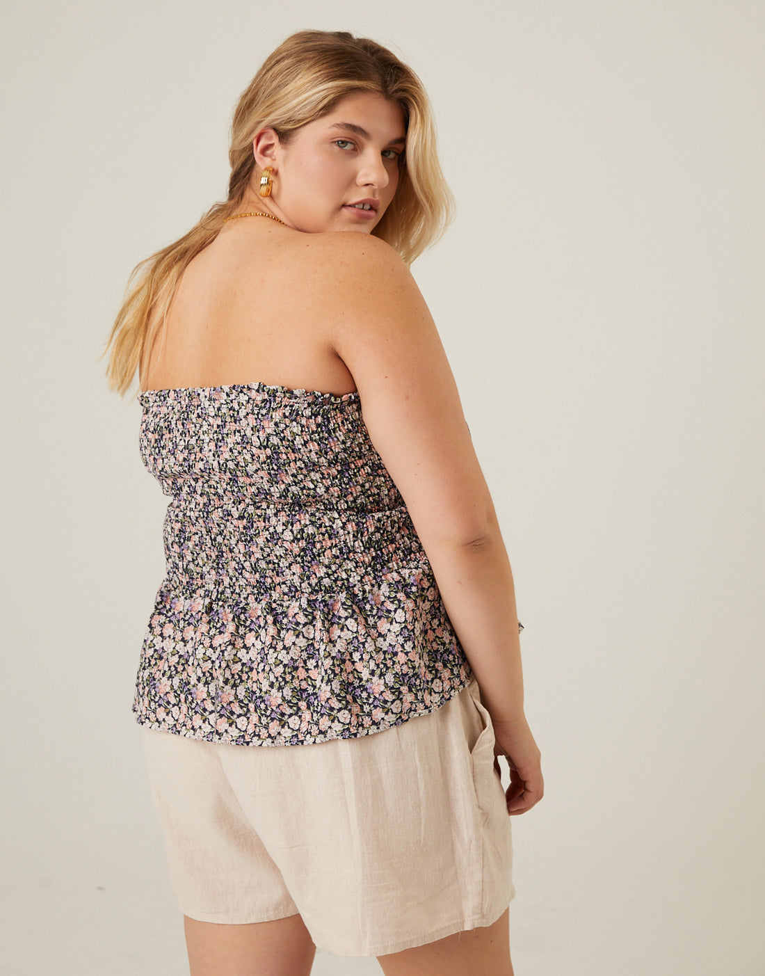 Curve Strapless Buttoned Floral Top Plus Size Tops -2020AVE