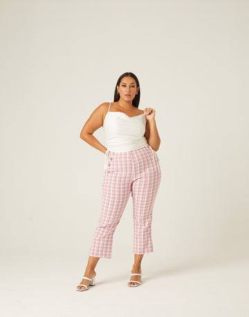 Curve Stretchy Plaid Pants Plus Size Bottoms Pink 1XL -2020AVE