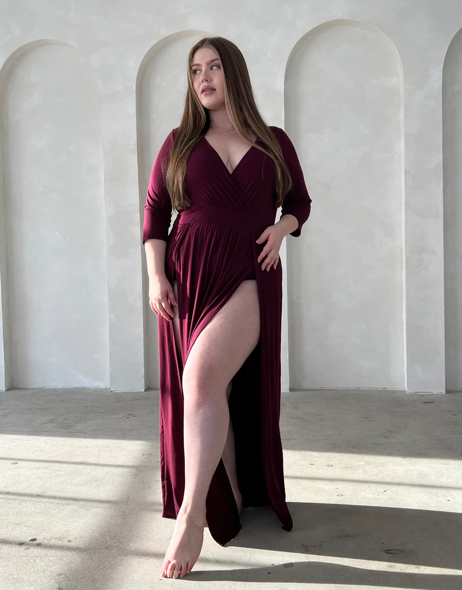 Curve Sultry Double Slit Dress Plus Size Dresses Burgundy 1XL -2020AVE