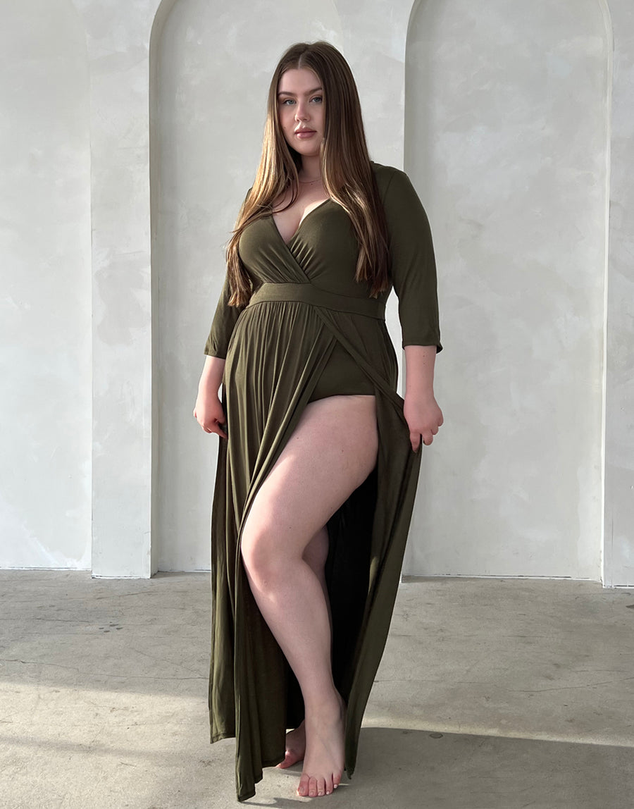 Curve Sultry Double Slit Dress Plus Size Dresses Olive 1XL -2020AVE
