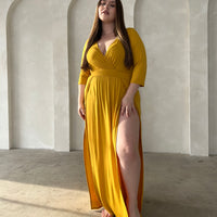 Curve Sultry Double Slit Dress Plus Size Dresses Mustard 1XL -2020AVE