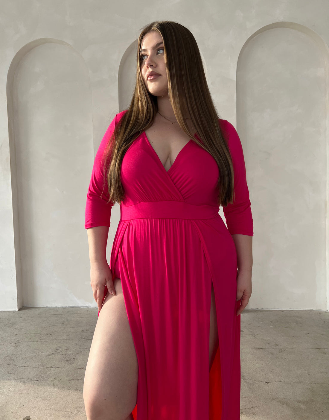 Curve Sultry Double Slit Dress Plus Size Dresses Magenta 1XL -2020AVE