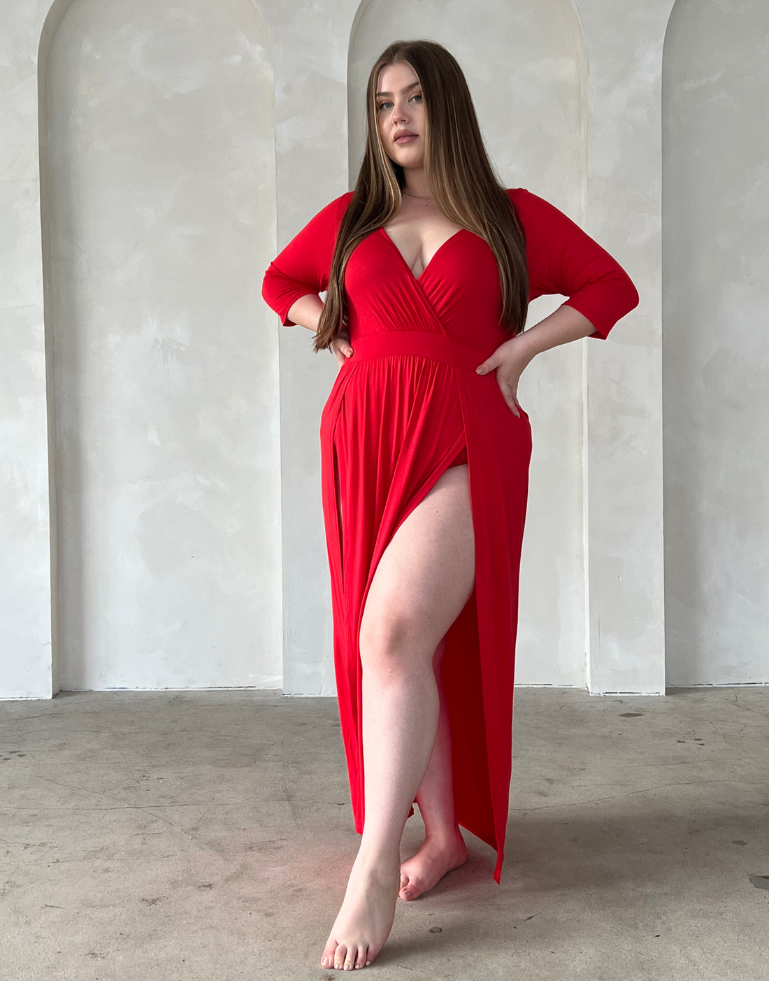 Curve Sultry Double Slit Dress Plus Size Dresses Red 1XL -2020AVE