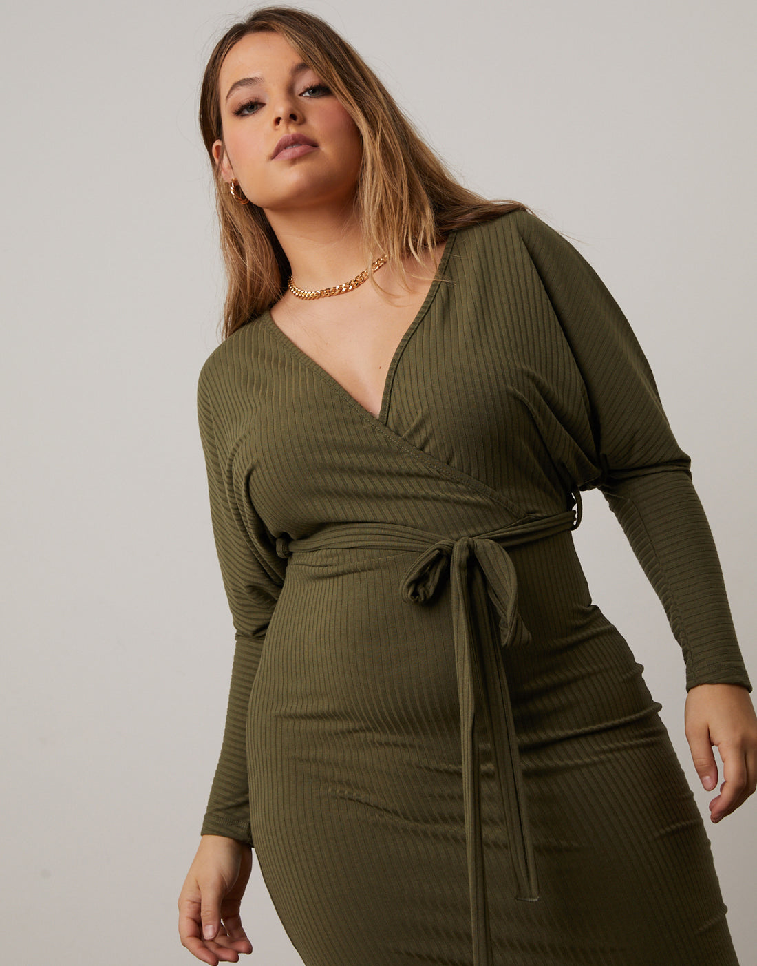 Curve Surplice Knit Dress Plus Size Dresses Olive 1XL -2020AVE
