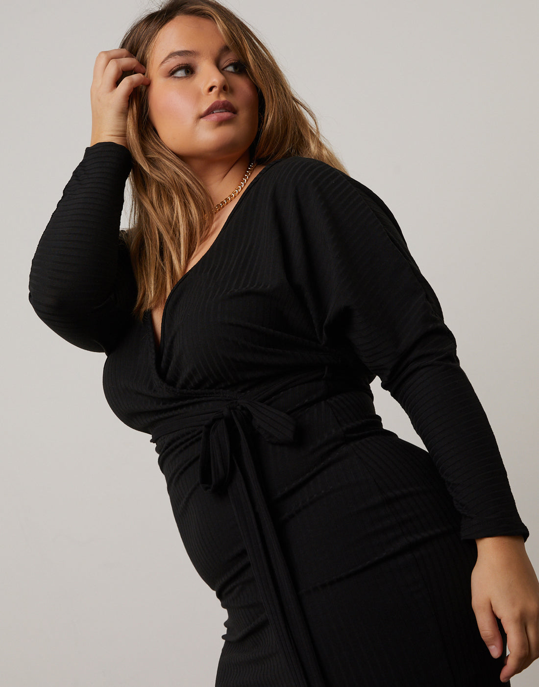 Curve Surplice Knit Dress Plus Size Dresses Black 1XL -2020AVE