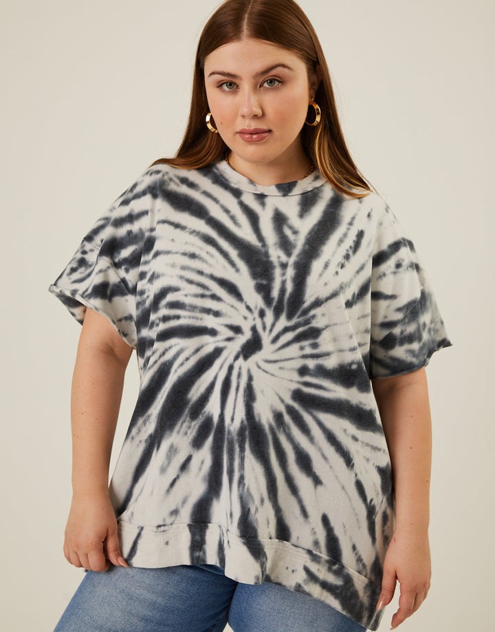 Curve Tie Dye Loose Fit Tee Plus Size Tops White 1XL/2XL -2020AVE