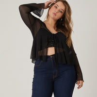 Curve Tie Front Sheer Top Plus Size Tops -2020AVE