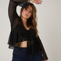 Curve Tie Front Sheer Top Plus Size Tops Black 1XL -2020AVE