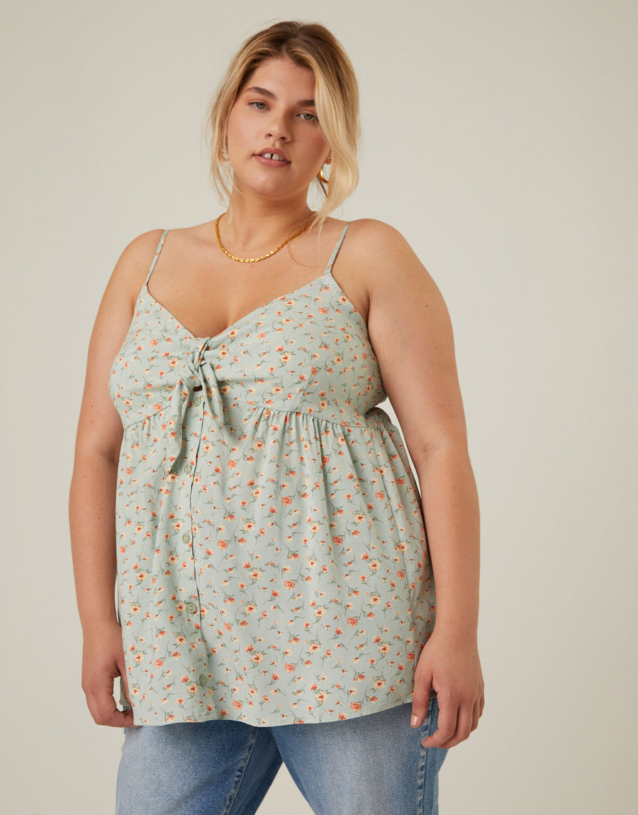Curve Tied Floral Tank Plus Size Tops Green 1XL -2020AVE