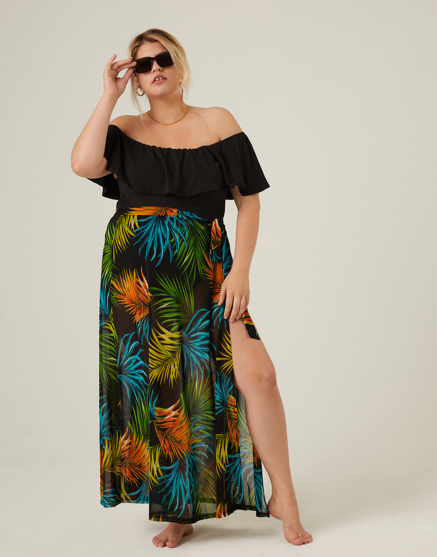 Curve Tropical Print Tie Skirt Plus Size Bottoms -2020AVE