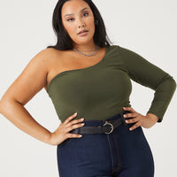 Curve One Shoulder Long Sleeve Top Plus Size Tops Olive 1XL -2020AVE