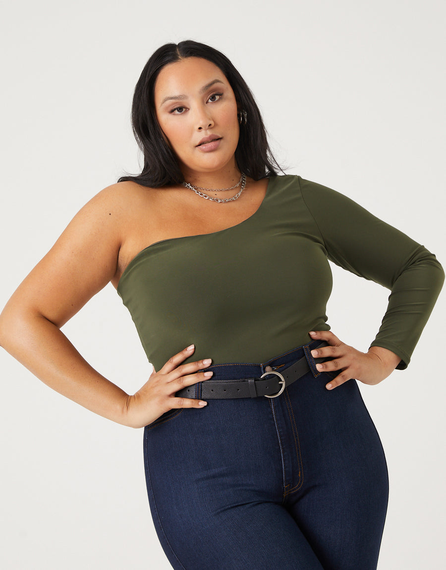 Curve One Shoulder Long Sleeve Top Plus Size Tops Olive 1XL -2020AVE