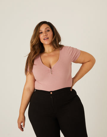 Curve V-Neck Button Tee Plus Size Tops -2020AVE