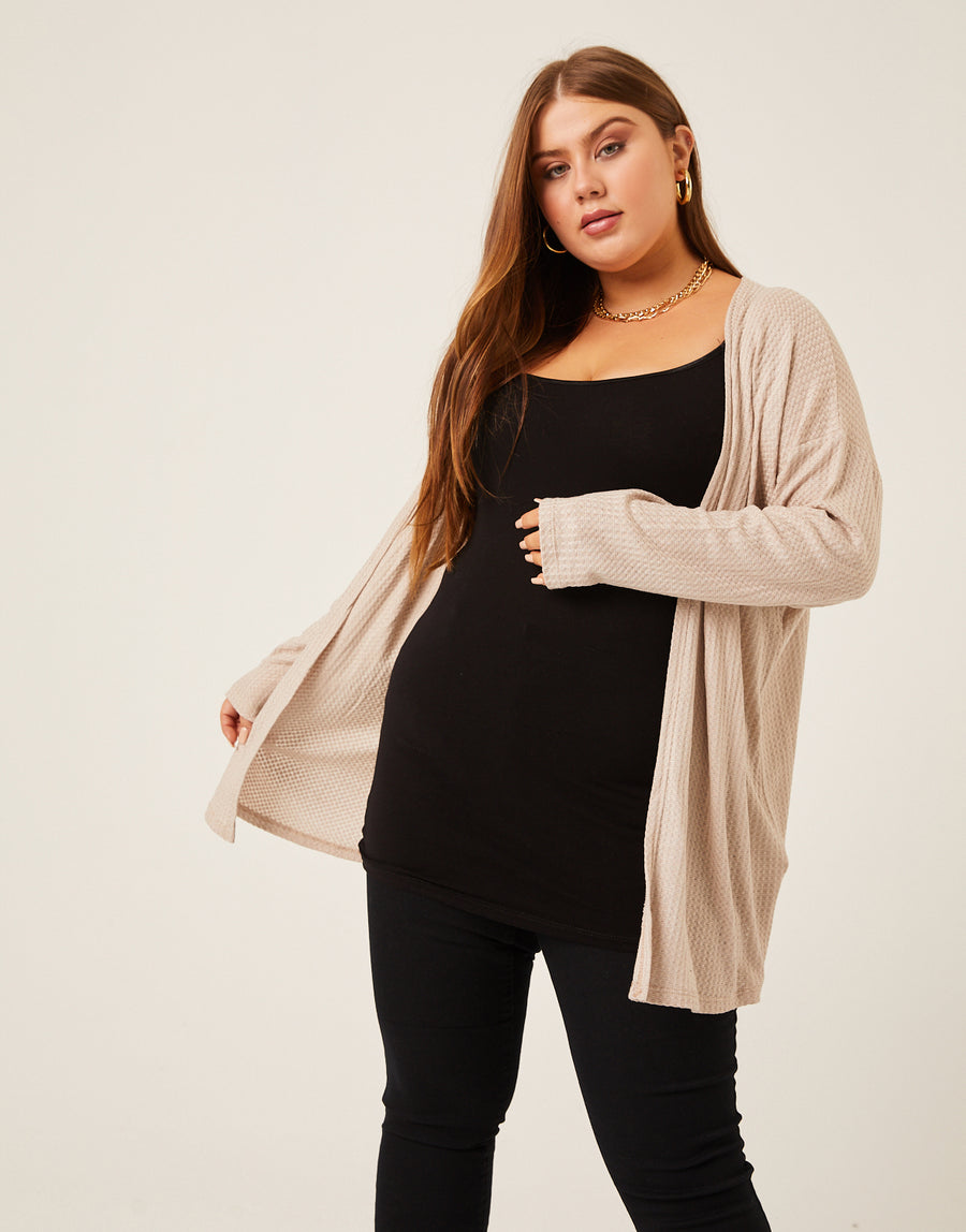 Curve Waffle Knit Cardigan Plus Size Outerwear Taupe 1XL -2020AVE