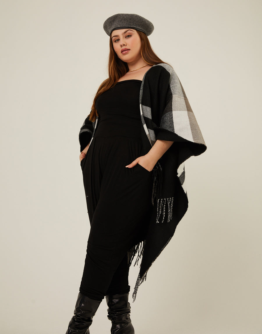Curve Warm Plaid Poncho Plus Size Outerwear Black Plus Size One Size -2020AVE