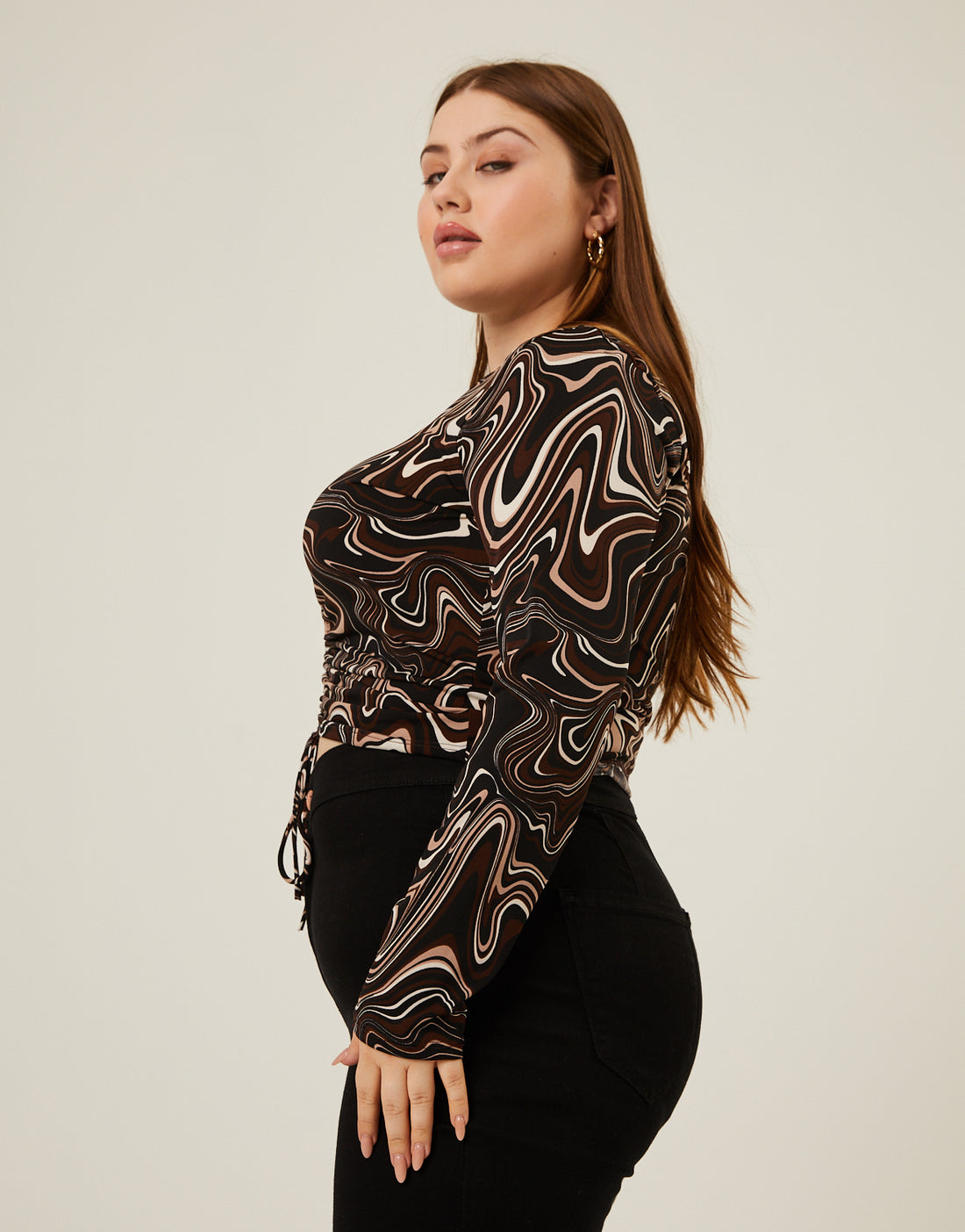 Curve Wavy Print Ruched Top Plus Size Tops -2020AVE