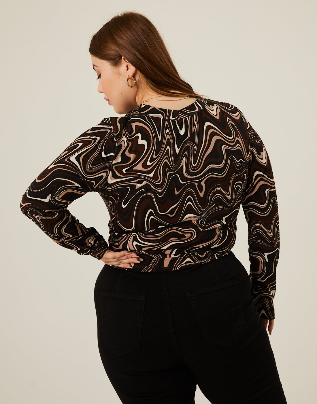 Curve Wavy Print Ruched Top Plus Size Tops -2020AVE