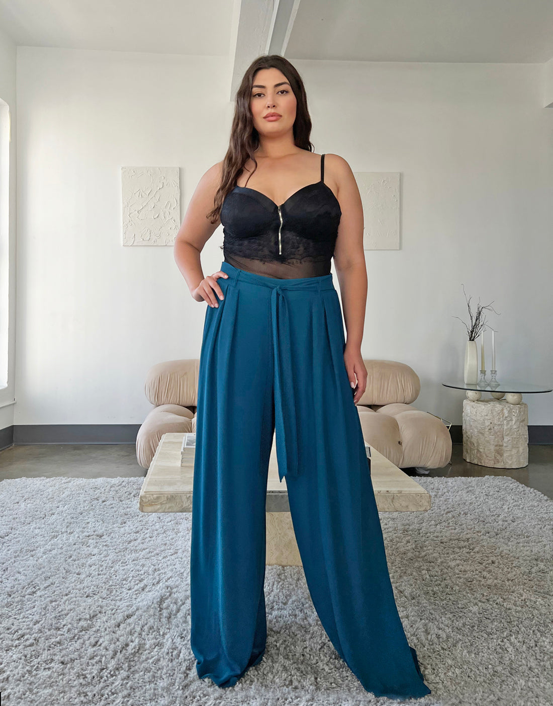 Blue Pleated Palazzo Trousers High Waisted Wide Leg Pockets Belt Ruffle  Long Pants | High waisted pants outfit, Trendy summer outfits, Palazzo pants  outfit
