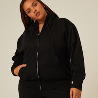 Curve Zip Front Hoodie Sweatshirt Plus Size Outerwear Black 1XL -2020AVE