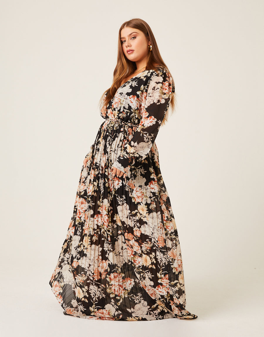 Cuve Floral Belted Maxi Dress Plus Size Dresses -2020AVE