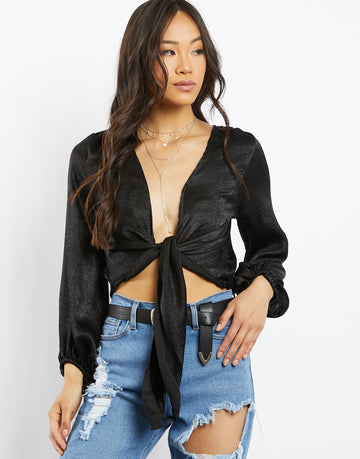Daria Silky Tie Front Blouse Tops Black Small -2020AVE