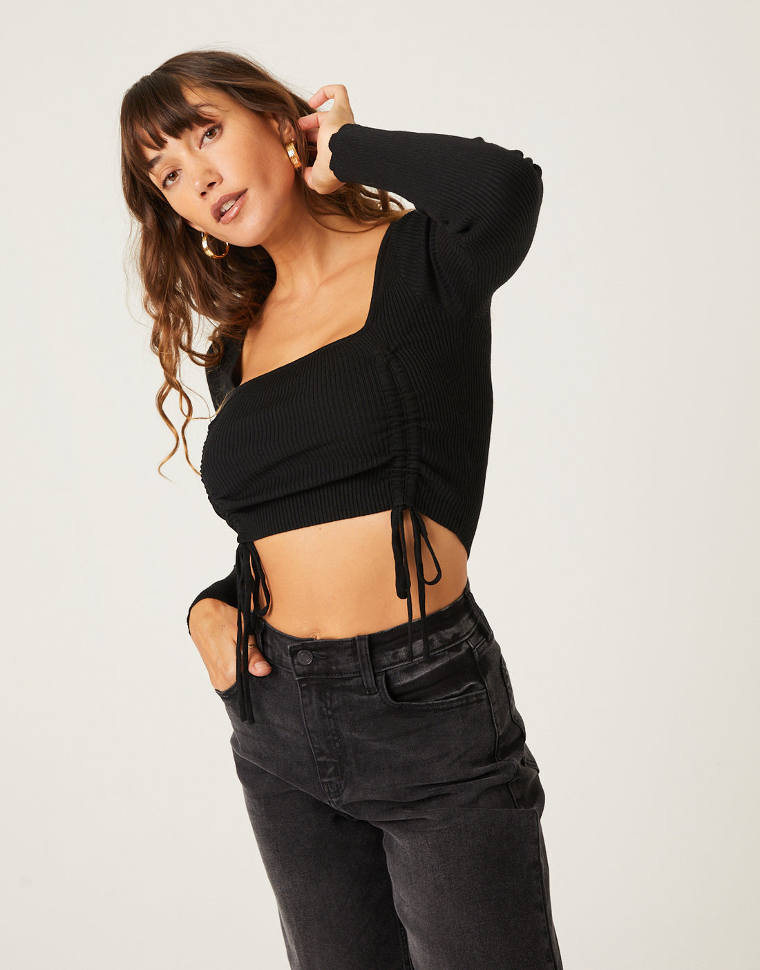 Double Ruched Long Sleeve Top Tops Black Small -2020AVE