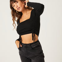 Double Ruched Long Sleeve Top Tops Black Small -2020AVE