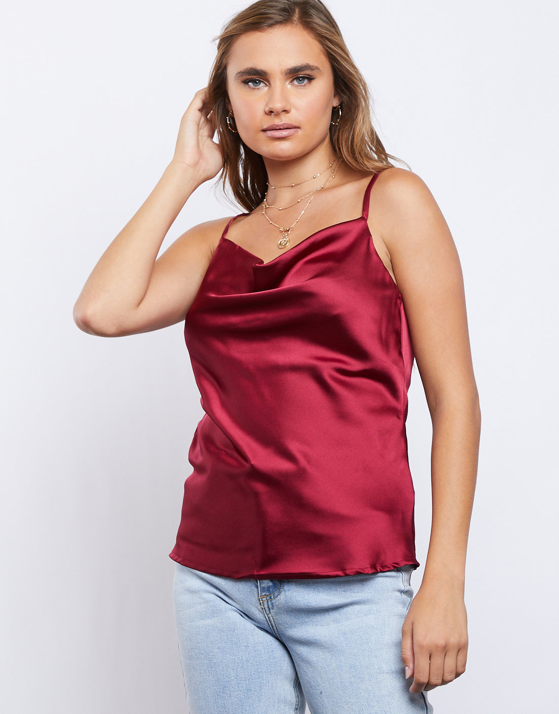 Downtown Silky Cowl Neck Cami Tops Burgundy Small -2020AVE