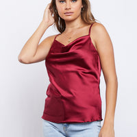 Downtown Silky Cowl Neck Cami Tops Burgundy Small -2020AVE