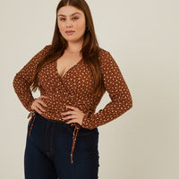 Curve Floral Double Ruching Top Plus Size Tops Brown 1XL -2020AVE