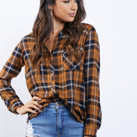 Fall Day Plaid Shirt Tops Brown Small -2020AVE