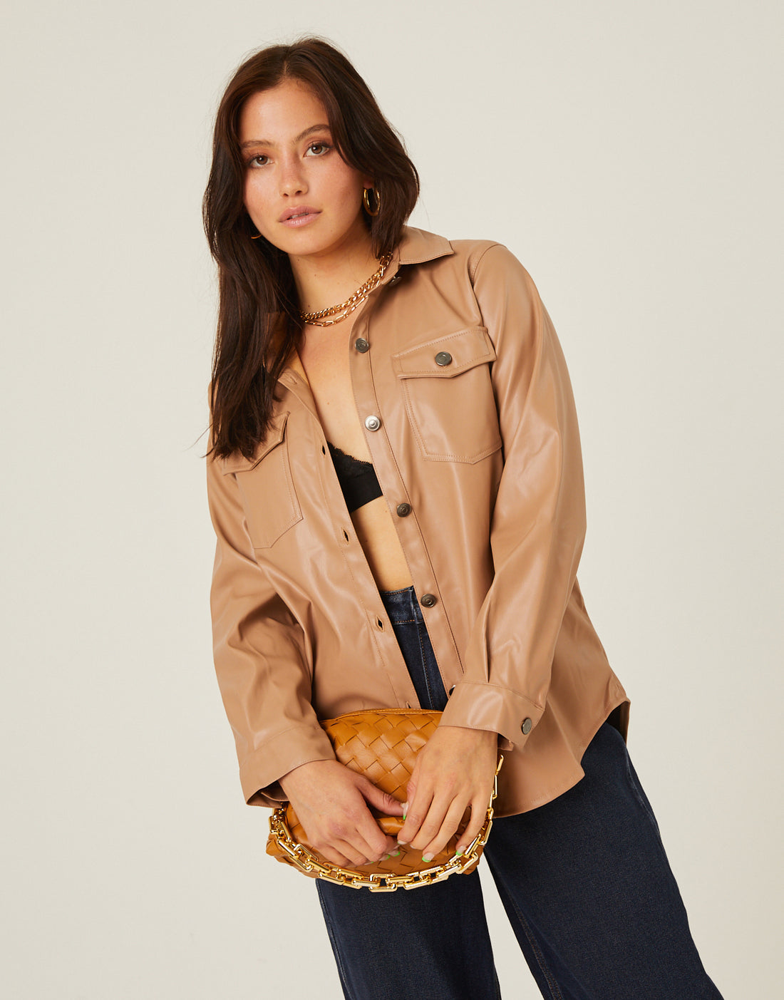 Faux Leather Button Up Jacket Outerwear -2020AVE