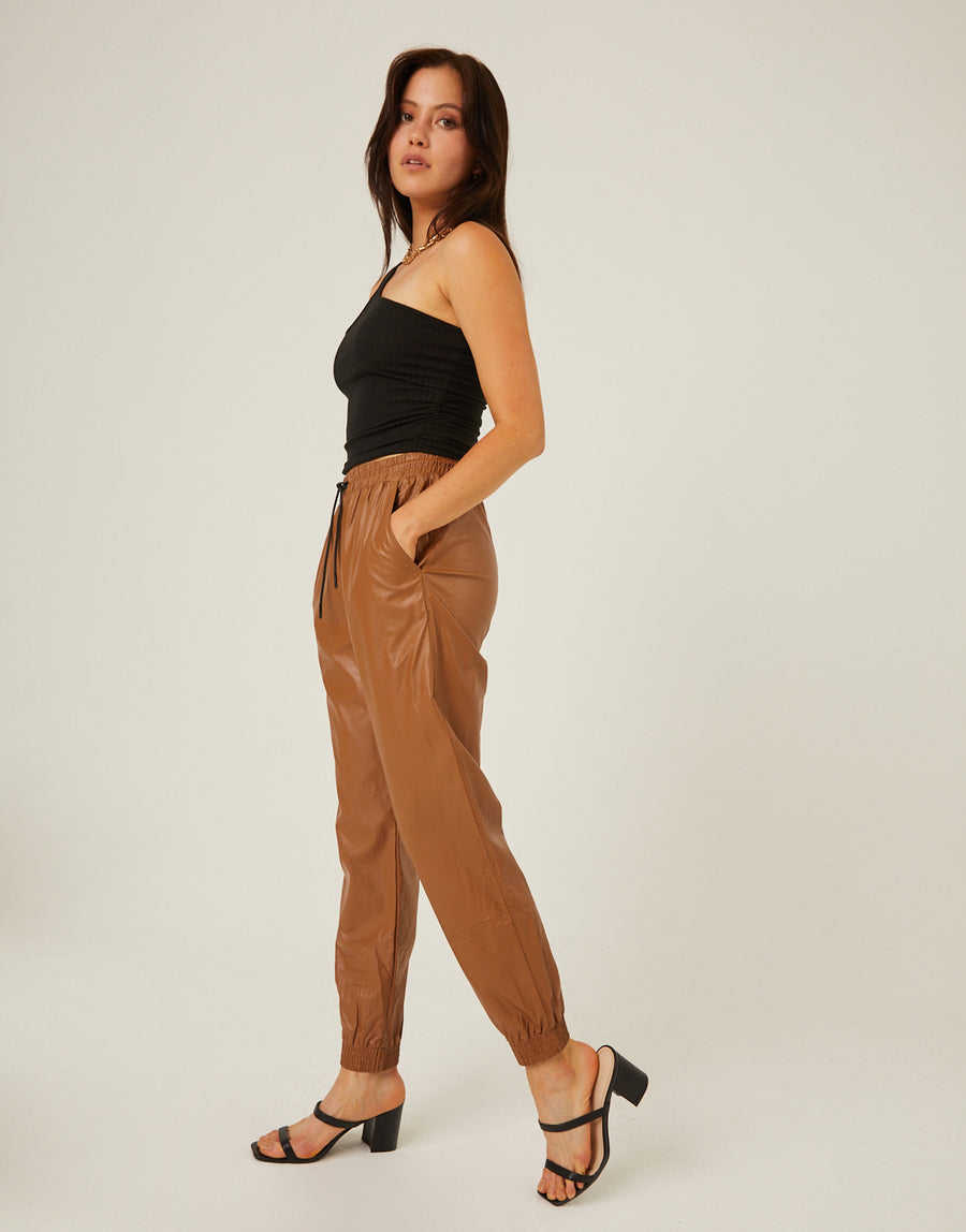 Faux Leather Jogger Pants Bottoms Brown Small -2020AVE