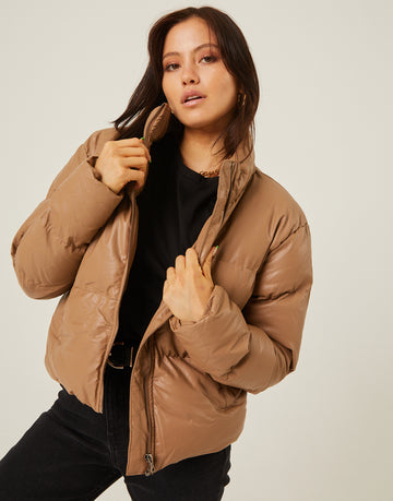 Faux Leather Puffer Jacket Outerwear Tan Small -2020AVE