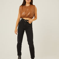 Faux Leather Shoulder Pad Top Tops -2020AVE