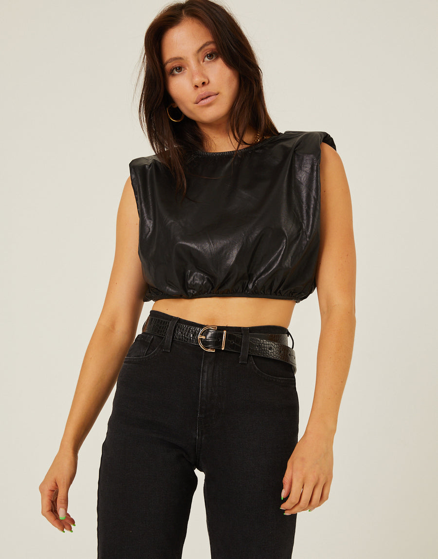 Faux Leather Shoulder Pad Top Tops Black Small -2020AVE