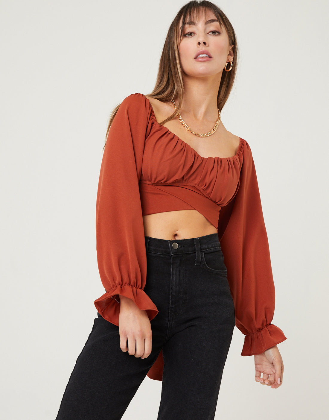 Cropped Blouse With Bow Tops Rust Small -2020AVE