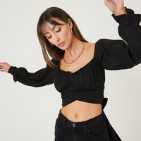 Cropped Blouse With Bow Tops Black Small -2020AVE